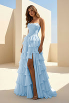 Haliah | Sky Blue - Strapless A Line Chiffon Tiered Prom Dresses With Appliques - KissProm