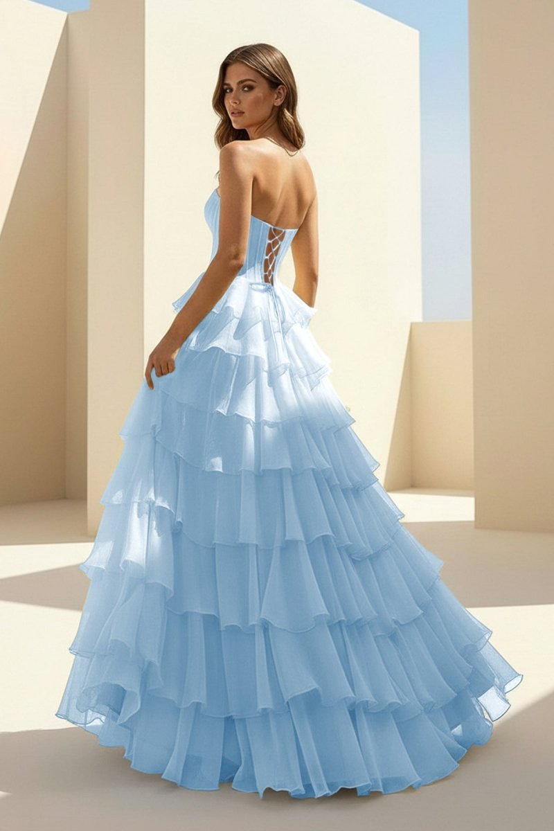 Haliah | Sky Blue - Strapless A Line Chiffon Tiered Prom Dresses With Appliques - KissProm