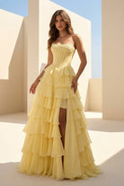 Haliah | Yellow - Strapless A Line Chiffon Tiered Prom Dresses With Appliques - KissProm
