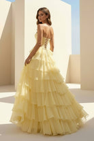 Haliah | Yellow - Strapless A Line Chiffon Tiered Prom Dresses With Appliques - KissProm