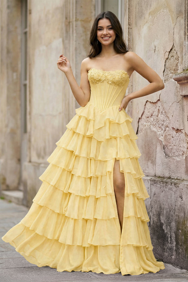 KissProm-Yellow  Strapless A Line Chiffon Tiered Prom Dresses With Appliques