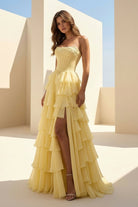 Haliah | Yellow - Strapless A Line Chiffon Tiered Prom Dresses With Appliques - KissProm