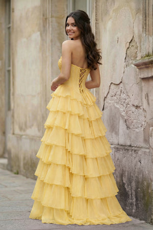 KissProm-Yellow  Strapless A Line Chiffon Tiered Prom Dresses With Appliques