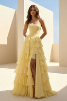 Haliah | Yellow - Strapless A Line Chiffon Tiered Prom Dresses With Appliques - KissProm