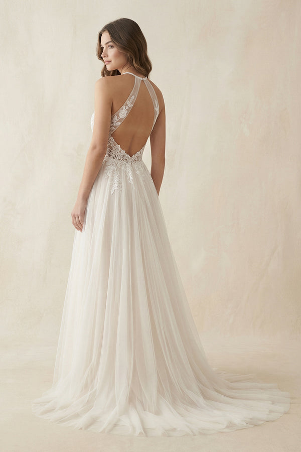 Halter A - Line Appliqued Tulle Wedding Dress in Ivory - KissProm Wedding Dresses