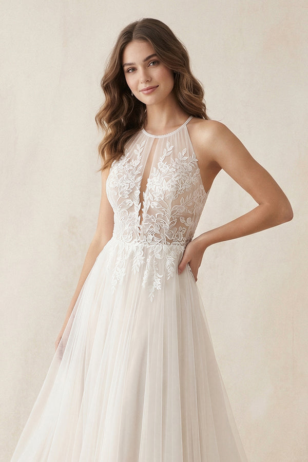 Halter A - Line Appliqued Tulle Wedding Dress in Ivory - KissProm Wedding Dresses