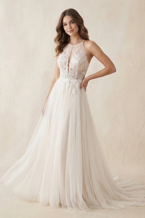 Halter A-Line Appliqued Tulle Wedding Dress in Ivory