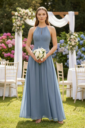 Halter A - Line Chiffon Ankle - Length Bridesmaid Dress - KissProm Bridesmaid Dresses