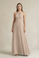 Halter A - Line Chiffon Ankle - Length Bridesmaid Dress in Almond - KissProm Bridesmaid Dresses