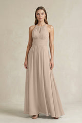 Halter A - Line Chiffon Ankle - Length Bridesmaid Dress in Almond - KissProm Bridesmaid Dresses