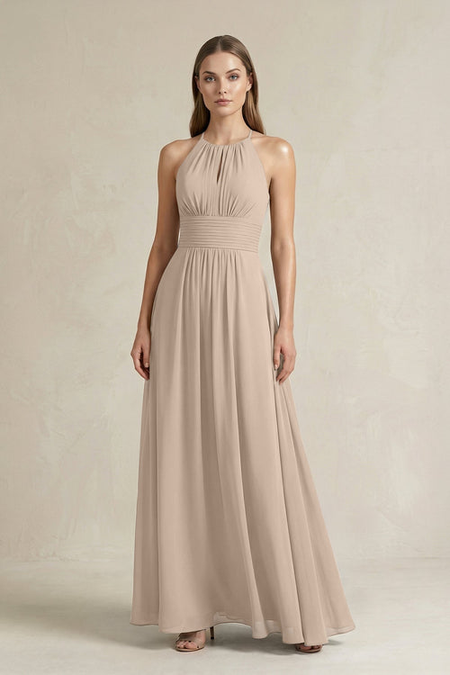 Halter A - Line Chiffon Ankle - Length Bridesmaid Dress in Almond - KissProm Bridesmaid Dresses