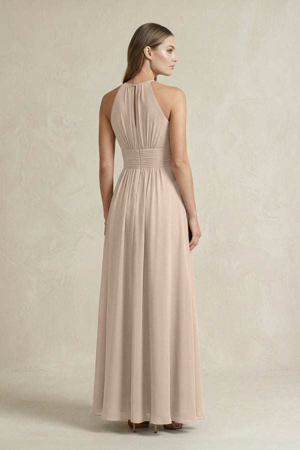 Halter A - Line Chiffon Ankle - Length Bridesmaid Dress in Almond - KissProm Bridesmaid Dresses