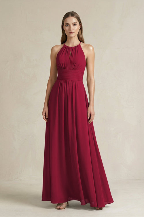Halter A - Line Chiffon Ankle - Length Bridesmaid Dress in Berry - KissProm Bridesmaid Dresses