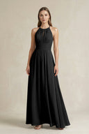 Halter A - Line Chiffon Ankle - Length Bridesmaid Dress in Black - KissProm Bridesmaid Dresses