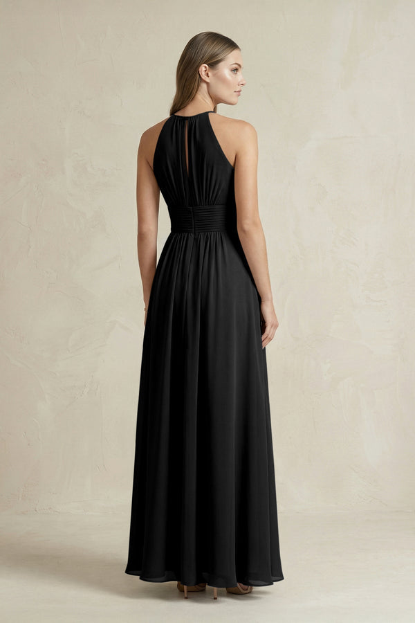 Halter A - Line Chiffon Ankle - Length Bridesmaid Dress in Black - KissProm Bridesmaid Dresses