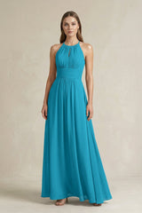 Halter A - Line Chiffon Ankle - Length Bridesmaid Dress in Blue Jay - KissProm Bridesmaid Dresses