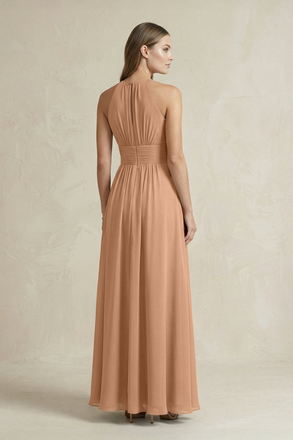 Halter A - Line Chiffon Ankle - Length Bridesmaid Dress in Bronzer - KissProm Bridesmaid Dresses
