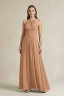 Halter A - Line Chiffon Ankle - Length Bridesmaid Dress in Bronzer - KissProm Bridesmaid Dresses
