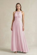 Halter A - Line Chiffon Ankle - Length Bridesmaid Dress in Candy Pink - KissProm Bridesmaid Dresses