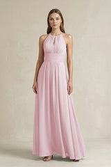 Halter A - Line Chiffon Ankle - Length Bridesmaid Dress in Candy Pink - KissProm Bridesmaid Dresses