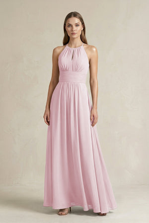 Halter A - Line Chiffon Ankle - Length Bridesmaid Dress in Candy Pink - KissProm Bridesmaid Dresses
