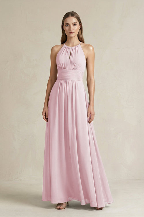 Halter A - Line Chiffon Ankle - Length Bridesmaid Dress in Candy Pink - KissProm Bridesmaid Dresses