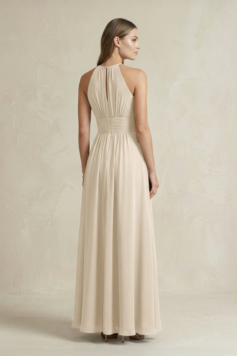 Halter A - Line Chiffon Ankle - Length Bridesmaid Dress in Champagne - KissProm Bridesmaid Dresses