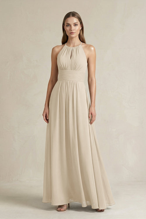 Halter A - Line Chiffon Ankle - Length Bridesmaid Dress in Champagne - KissProm Bridesmaid Dresses