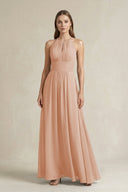 Halter A - Line Chiffon Ankle - Length Bridesmaid Dress in Champagne Rose - KissProm Bridesmaid Dresses