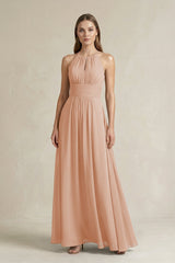 Halter A - Line Chiffon Ankle - Length Bridesmaid Dress in Champagne Rose - KissProm Bridesmaid Dresses