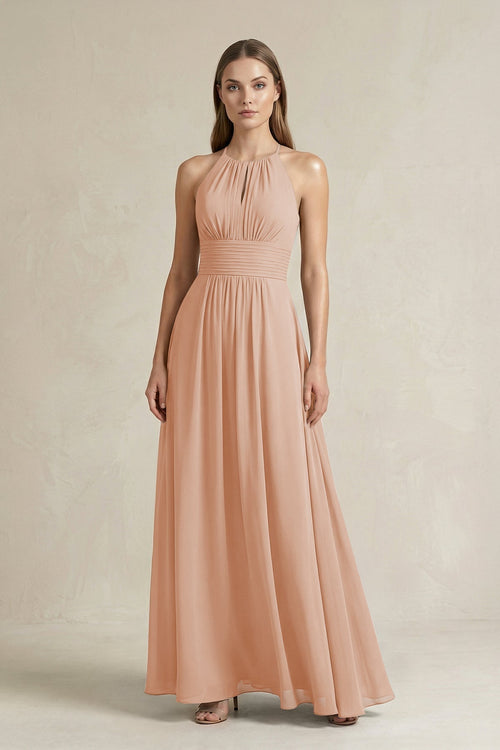 Halter A - Line Chiffon Ankle - Length Bridesmaid Dress in Champagne Rose - KissProm Bridesmaid Dresses