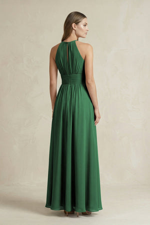 Halter A - Line Chiffon Ankle - Length Bridesmaid Dress in Dark Green - KissProm Bridesmaid Dresses