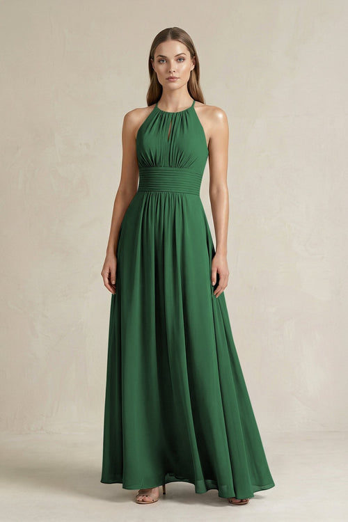 Halter A - Line Chiffon Ankle - Length Bridesmaid Dress in Dark Green - KissProm Bridesmaid Dresses