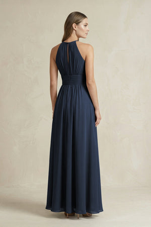 Halter A - Line Chiffon Ankle - Length Bridesmaid Dress in Dark Navy - KissProm Bridesmaid Dresses