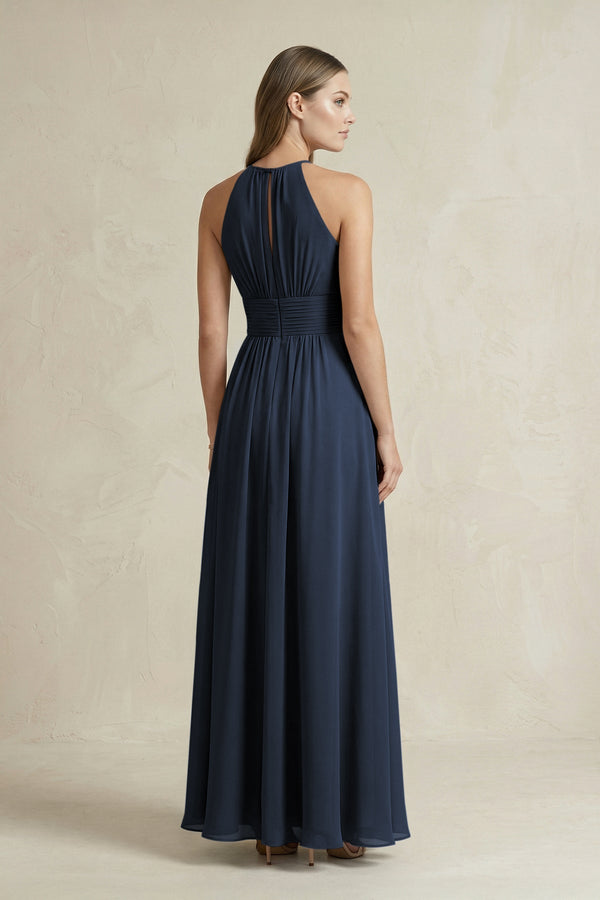 Halter A - Line Chiffon Ankle - Length Bridesmaid Dress in Dark Navy - KissProm Bridesmaid Dresses