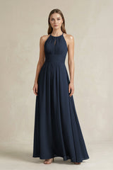 Halter A - Line Chiffon Ankle - Length Bridesmaid Dress in Dark Navy - KissProm Bridesmaid Dresses