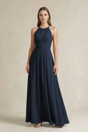 Halter A - Line Chiffon Ankle - Length Bridesmaid Dress in Dark Navy - KissProm Bridesmaid Dresses