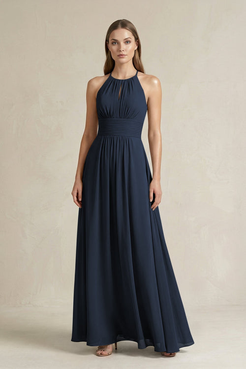 Halter A - Line Chiffon Ankle - Length Bridesmaid Dress in Dark Navy - KissProm Bridesmaid Dresses