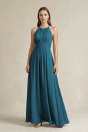 Halter A - Line Chiffon Ankle - Length Bridesmaid Dress in Dark Teal - KissProm Bridesmaid Dresses