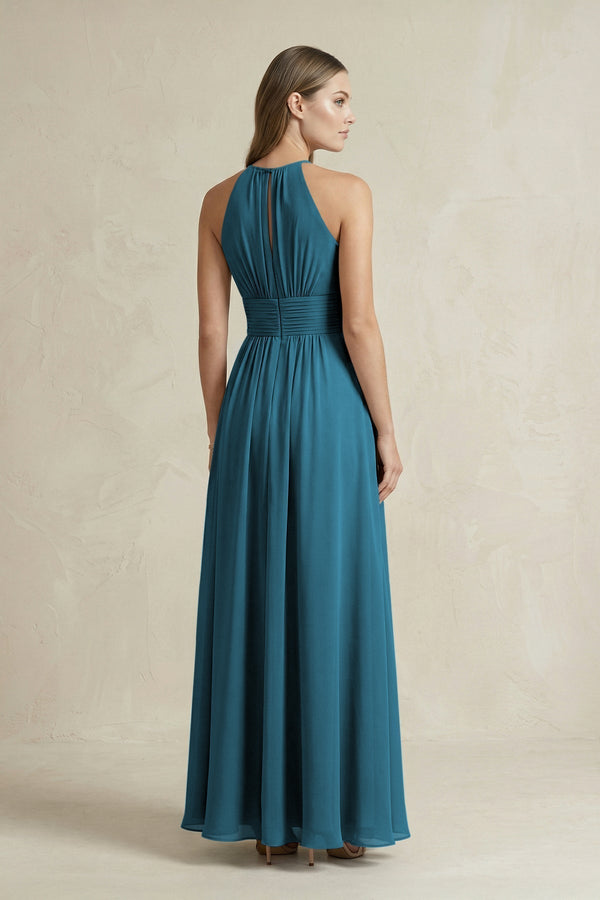 Halter A - Line Chiffon Ankle - Length Bridesmaid Dress in Dark Teal - KissProm Bridesmaid Dresses