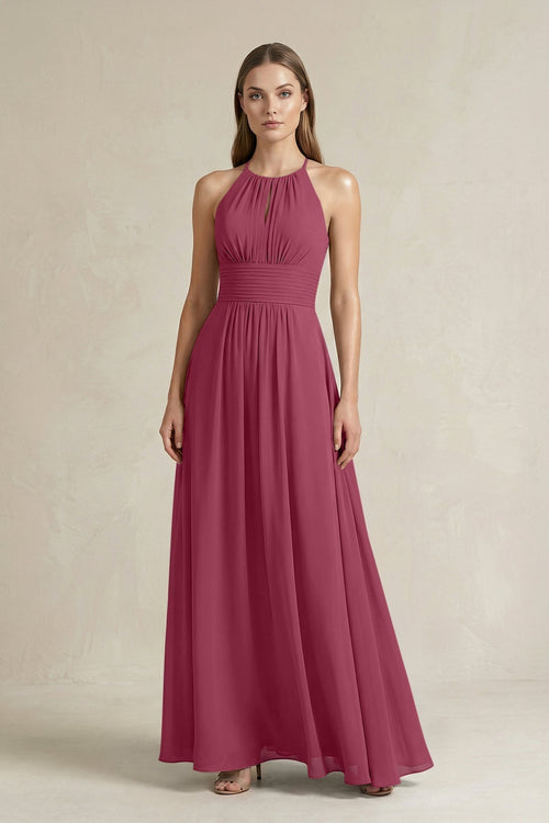 Halter A - Line Chiffon Ankle - Length Bridesmaid Dress in Desert Rose - KissProm Bridesmaid Dresses