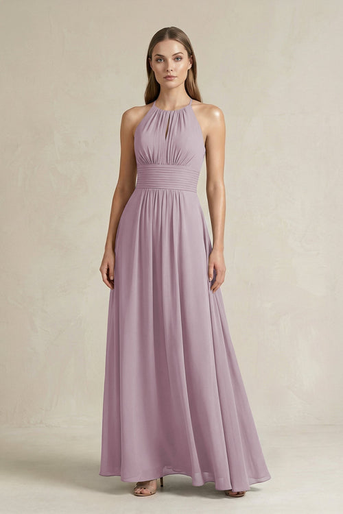 Halter A - Line Chiffon Ankle - Length Bridesmaid Dress in Dusk - KissProm Bridesmaid Dresses