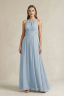 Halter A - Line Chiffon Ankle - Length Bridesmaid Dress in Dusty Blue - KissProm Bridesmaid Dresses