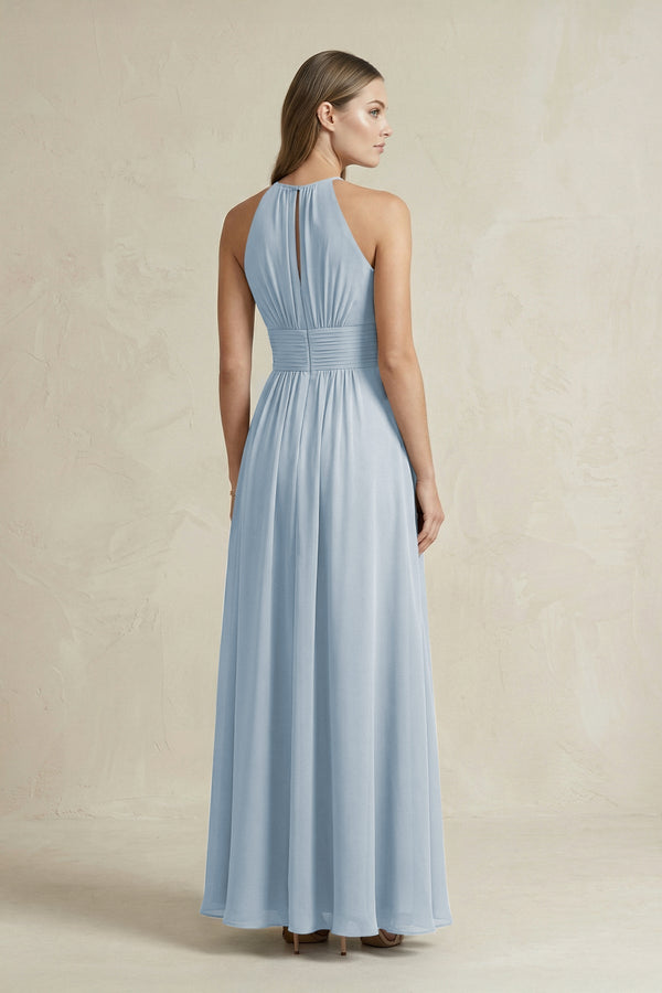 Halter A - Line Chiffon Ankle - Length Bridesmaid Dress in Dusty Blue - KissProm Bridesmaid Dresses