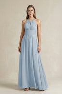 Halter A - Line Chiffon Ankle - Length Bridesmaid Dress in Dusty Blue - KissProm Bridesmaid Dresses