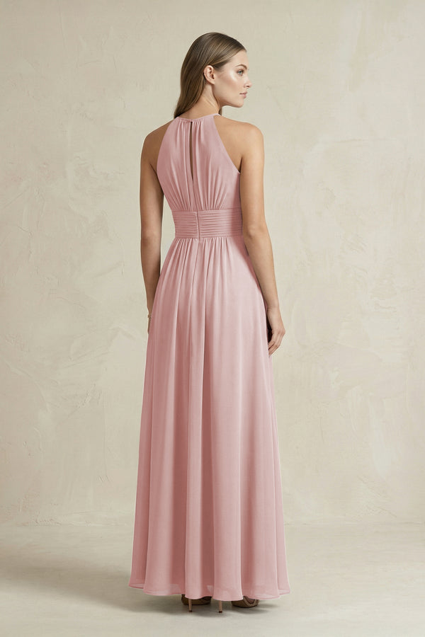 Halter A - Line Chiffon Ankle - Length Bridesmaid Dress in Dusty Rose - KissProm Bridesmaid Dresses