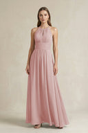 Halter A - Line Chiffon Ankle - Length Bridesmaid Dress in Dusty Rose - KissProm Bridesmaid Dresses