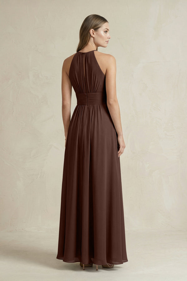 Halter A - Line Chiffon Ankle - Length Bridesmaid Dress in Espresso - KissProm Bridesmaid Dresses