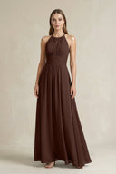Halter A - Line Chiffon Ankle - Length Bridesmaid Dress in Espresso - KissProm Bridesmaid Dresses