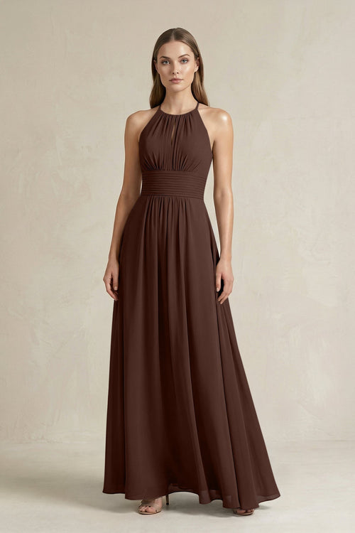 Halter A - Line Chiffon Ankle - Length Bridesmaid Dress in Espresso - KissProm Bridesmaid Dresses